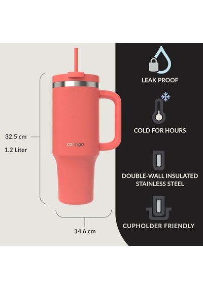 Contigo Üniseks Yetişkin Streeterville Tumbler Pipetli Yalıtımlı Su Şişesi, 1.2l, Mercan Genel