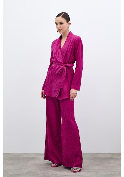 Sateen Yüksek Bel Desenli Pantolon - Fuşya-135703 Fuşya