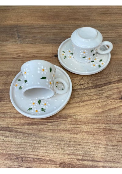 3'lü Papatya Desenli El Yapımı Seramik Kupa, Mug, Türk Kahvesi