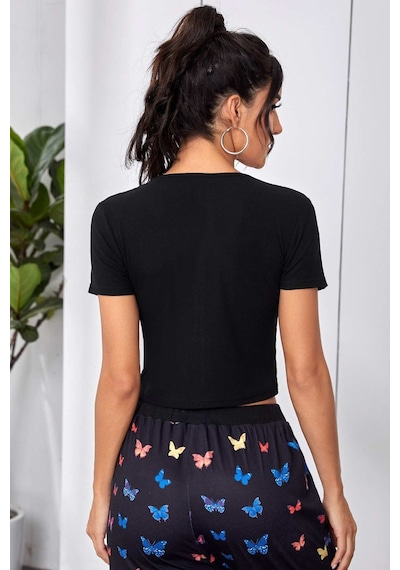 Angbutik Kadın Siyah Çift Fermuarlı Yarım Kol Crop Top Bluz