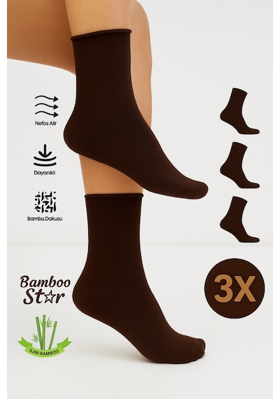 Bamboo Star Bambu Kadın Koyu Kahve Lastiksiz Soket Dikişsiz Premium Çorap 3'lü Paket Sıkmayan Çorap / İzbırakmaz Koyu Kahverengi