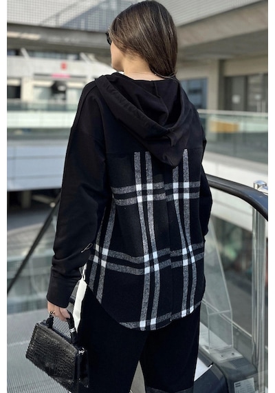 WeShaya Kadın Siyah Ekose Garnili, Rahat Kesim, Kapüşonlu İki İplik Sweatshirt Siyah
