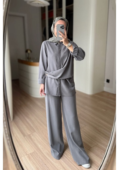 Ka Hijab Bağlama Detaylı Takım - Gri