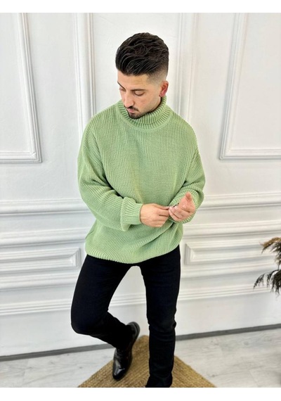 Elku Moda Boğazlı Erkek Kazak Oversize Balıkçı Yaka Geniş Salaş Triko Kazak Yeşil
