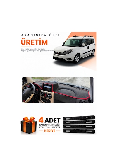 Fiat Doblo 2007-2015 Airbagli Büyük Ekran Uyumlu Torpido Koruma Örtüsü Oto Kılıfı - Siyah Kırmızı