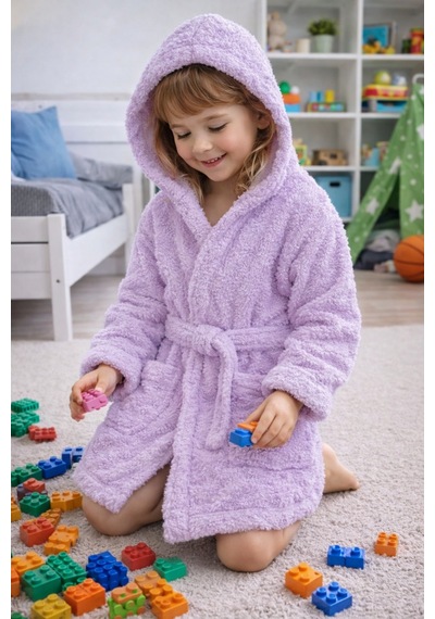 Luna Soft Kız / Erkek Çocuk Kapşonlu Wellsoft Bornoz Peluş Sabahlık Lila Lila