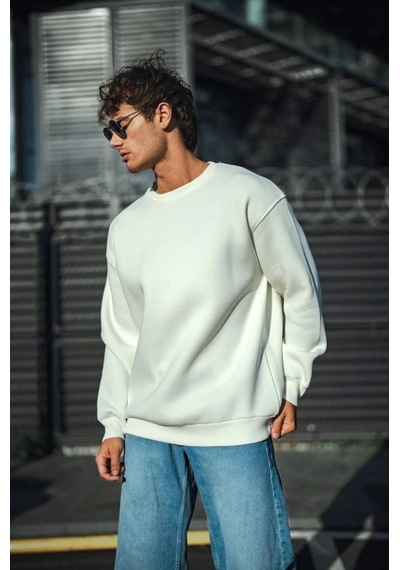 Modi Kışlık Bisiklet Yaka Üç İplik Basic Sweatshirt - Beyaz Açık Kahverengi - Beyaz