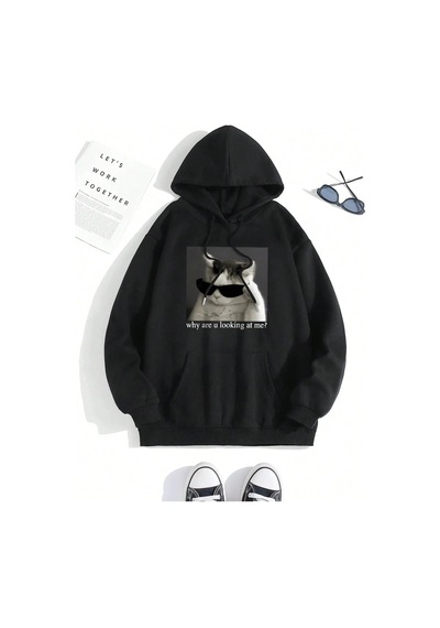 Startmore Tarzsokak Neden Benimle Bakıyorsun Baskı Hoody Erkekler Moda Rahat Kazak Basit Gevşek Kapşonlu Sonbaha Siyah