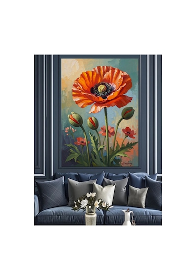 Kırmızı Gelincik Çiçeği Ve Buketi Yağlı Boya Dokulu Kanvas Tablo Canvas Tablosu