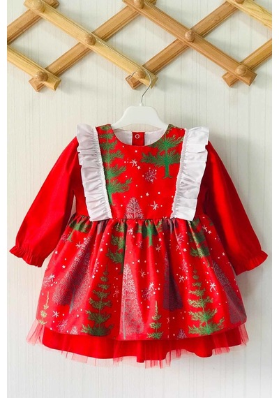 Yeniyıl Çam Ağaç Desenli Kırmızı Kız Çocuk Bebek Noel Elbise 001