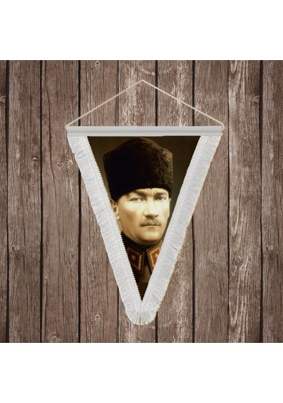 Mavi Gözlü Atatürk Portresi Beyaz Saçaklı Üçgen Flama Bayrak Hatıra Flama Ata11 Diğer