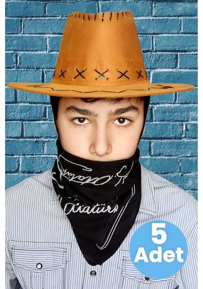 Uniquetrenders Çocuk Unisex Bandanalı 5'li Nubuk Kovboy Şapkası 8-14 Yaş Taba 6