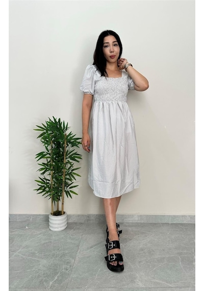 Simli Moda Çizgili Göğsü Lastikli Gri Elbise