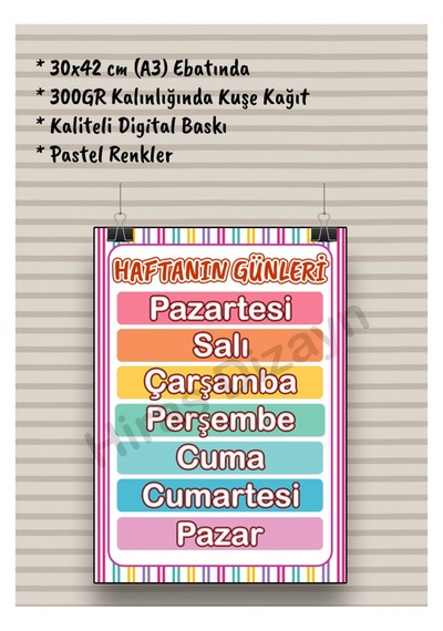 Hiras Dizayn Haftanın Günleri Eğitici Afiş A3, 30 42 Cm