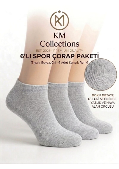 Km Collections 6'lı Ekonomik Paket Pamuklu Kısa Çorap Kadın&erkek Gri
