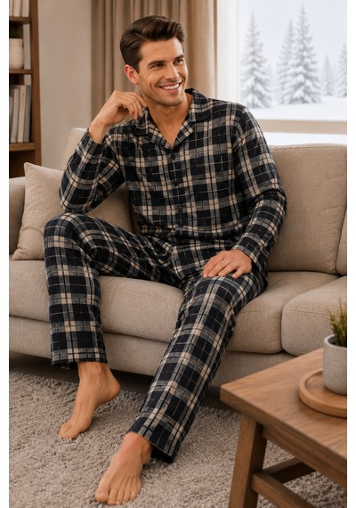 Free Beka Ekose Desenli Uzun Kollu Gömlek Yaka Düğmeli Erkek Pijama Takımı Bej