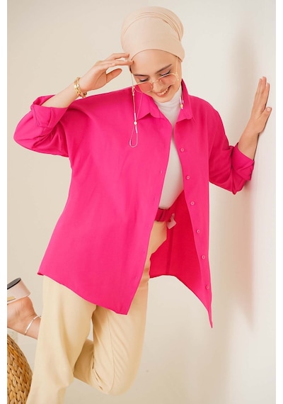 Bigdart 103901 Oversize Basic Tesettür Gömlek - Koyu Pembe 001