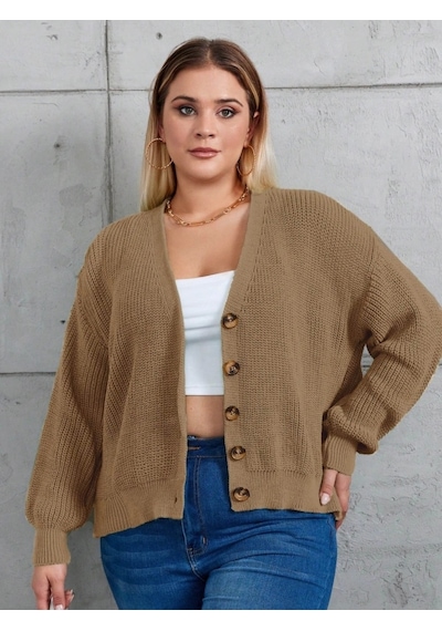 Defymoda Kadın Beş Düğme Büyük Beden Triko Hırka Kahve