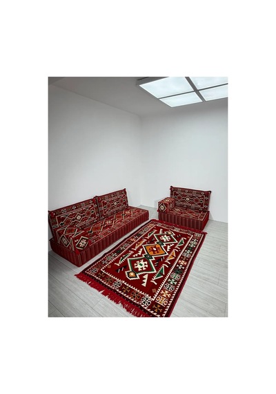 20 Cm Kalınlıklı Şark Köşesi Takımı - 70x190 + 70x95 Anadolu Kırmızı Desenli Minder Seti