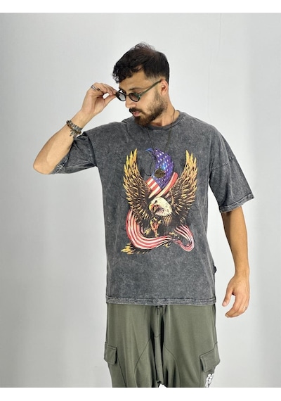 Cocopelli Erkek Yıkamalı Kumaş Baskılı T-shirt Coc2218 Koyu Gri