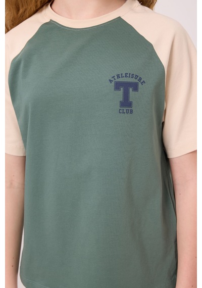 Açık Yeşil O Yaka Pamuklu Baskılı Oversize Fit Kız Çocuk T-shirt - 75179 Yeşil