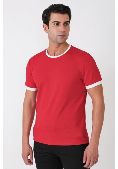 Efor Slim Fit Bisiklet Yaka Kırmızı-ekru Tişört Ts 932
