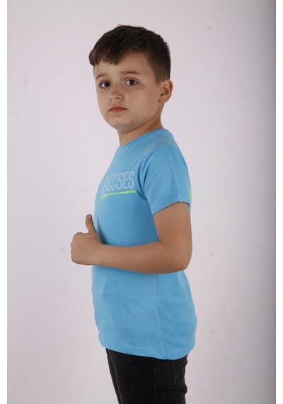 Toontoy Kids Toontoy Erkek Çocuk Baskılı Bisiklet Yaka Kısa Kollu Tişört Turkuaz