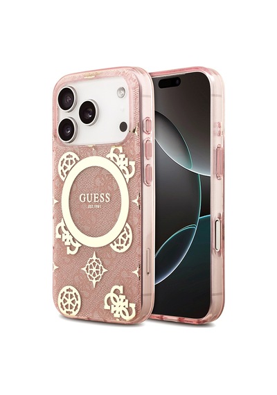 Apple iPhone Uyumlu 18 Pro Max Kılıf Guess Lisanslı M-safeli Iml Peony Ve 4g Desenli Klasik Logolu Kapak Pembe