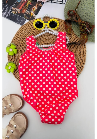 Minigimin Cicileri Mnn Palmiye Baskılı Puantiye Kız Çocuk Mayo - Fuşya