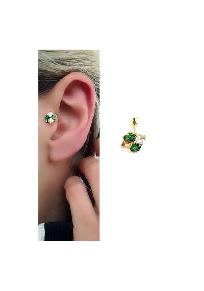 Yeşil Baget Zirkon Taş Detaylı 925ayar Gümüş Üzerine Altın Kaplama Luxury Tasarım Tragus Kıkırdak Helix Piercing Altın Yeşil Baget Zirkon Taş Detaylı 925ayar Gümüş Üzerine Altın Kaplama Luxury Tasarım Tragus Kıkırdak Helix Piercing Altın