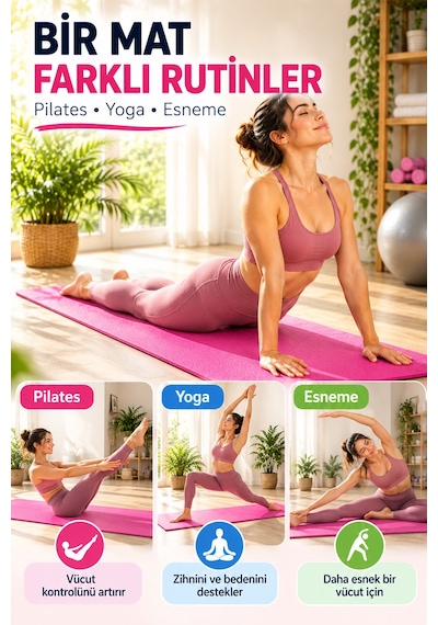 Pembe Pilates Yoga Matı Dokulu Egzersiz Fitness Minderi Evde Spor Ve Esneme Minderi 170x56 Cm 8 Mm Çok Renkli