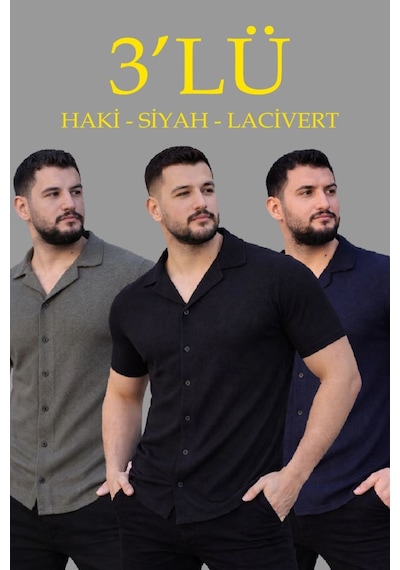 Mbb E-ticaret Erkek Waffle Kumaş Yakalı Kısa Kol Düğmeli Gömlek 3 Lü Set Siyah-haki-lacivert