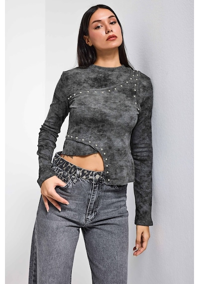 it's basic Kadın Antrasit Gri W5 Asimetrik Kesim Drop Detaylı Özel Tasarım Crop Top