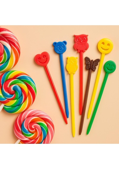 Renkli Figürlü Plastik Lolipop Ve Elma Şekeri Çubuğu Emoji & Hayvan Desenli Doğum Günü Sunum Çubuğu 12 Li Paket