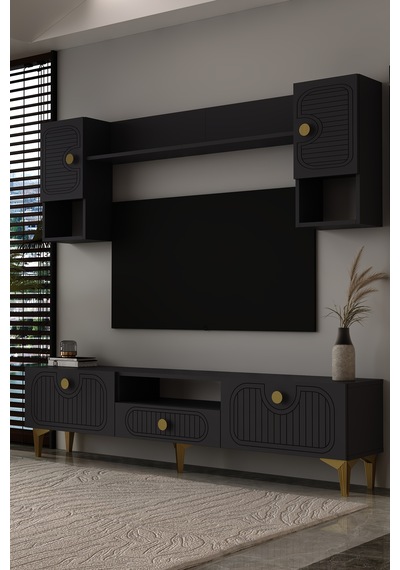 Bellagio Lazer Desenli Tv Ünitesi Takımı 180 Cm - Aa Antrasit - Altın