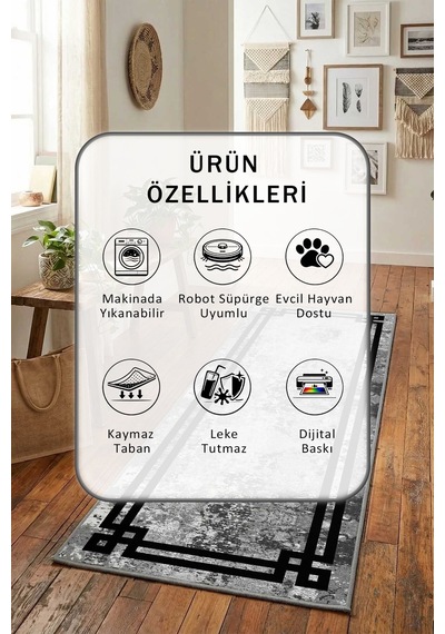 Mio Vintage Yıkanabilir Yolluk Gri