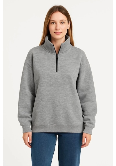Valensdesign Üç İplik Dık Yaka Yarım Fermuarlı Sweatshirt - Gri