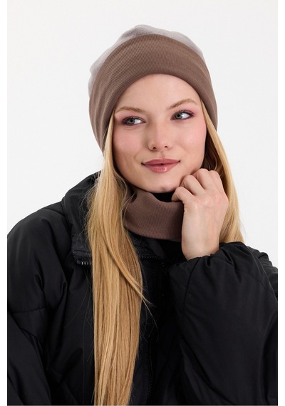 Butikgiz Kadın Dış Kısım Polar, İç Kısım Kaşkorse Pamuklu, Çift Renk, Çift Kat, Katlanabilir Bere Boyunluk Set Gri-kahverengi