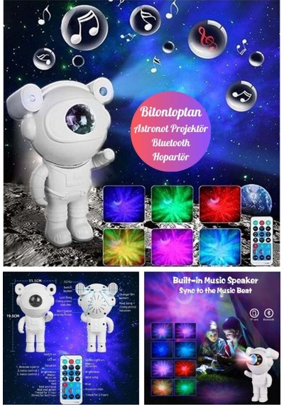 Kumandalı Gece Lambası Yeni Nesil Bluetooth Hoparlörlü Astronot Yıldız Gezegen Projektörü Büyük Boy