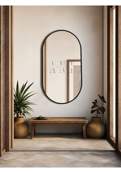 Dekoratif Ayna, Duvar Aynası, Konsol Aynası, Mdf, Elips Ayna, Çerçeveli Ayna 80x40 Cm 80 X 40 Siyah