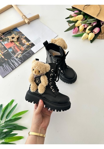 Miniğimin Cicileri Peluş Ayıcık Detaylı Premium Kız Çocuk Postal Bot - Siyah Siyah