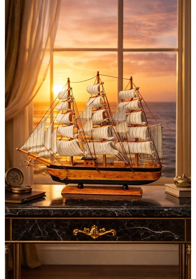 Dekoratif Premium Ahşap El Yapımı Yelkenli Gemi Maketi Masa Üstü Biblo Hediye 50 X 50 Cm 533-d Ahşap