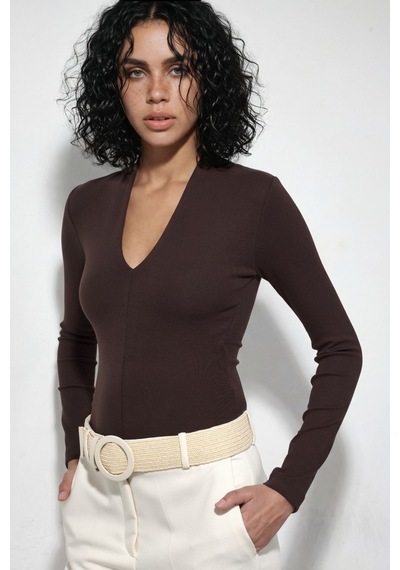 Hiccup Busem Slim Fit V Yaka Uzun Kollu Bluz Kahve Kahvesi