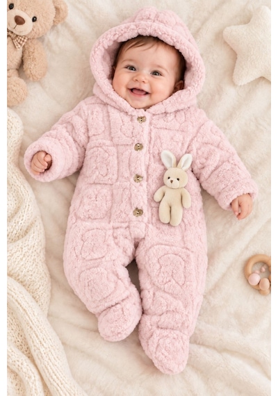 Kız Erkek Bebek Tavşan Ve Ayı Oyuncaklı Peluş Tulum Tlm0301 Pudra