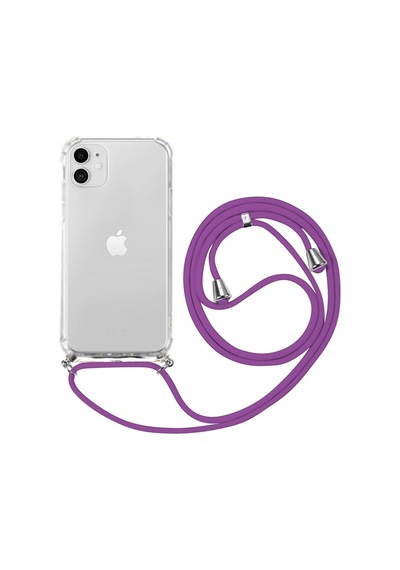 Iphone 11 Uyumlu Boyundan Askılı Şeffaf Darbe Emici Antishock Silikon Telefon Kılıfı Mor