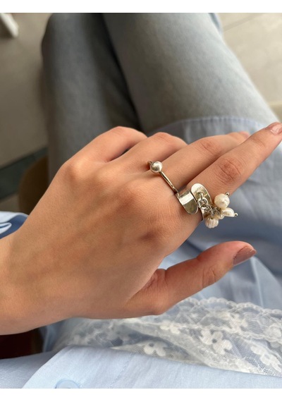 İncili Gümüş Charm Yüzük