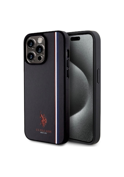 Apple iPhone Uyumlu 15 Pro Max Kılıf U.s. Polo Assn.  Lisanslı Üç Renk Şerit Tasarımlı Baskı Logolu Siyah