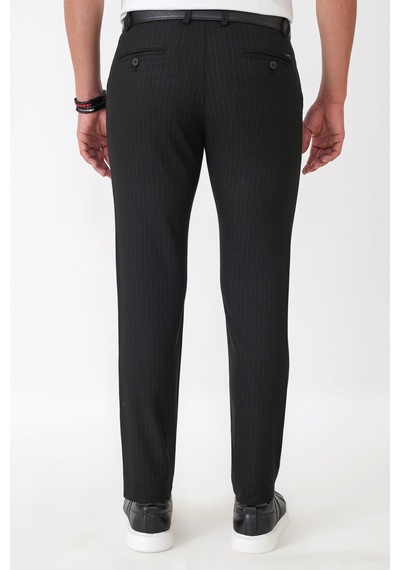 Slim Fit Yan Cepli Esnek Yünlü Siyah Çizgili Pantolon P 1236