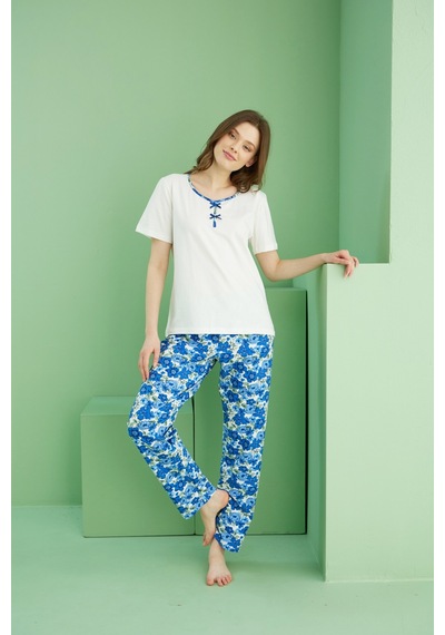 Siyah İnci V Yaka Örme Pamuklu Pijama Takım25113279 Ekru