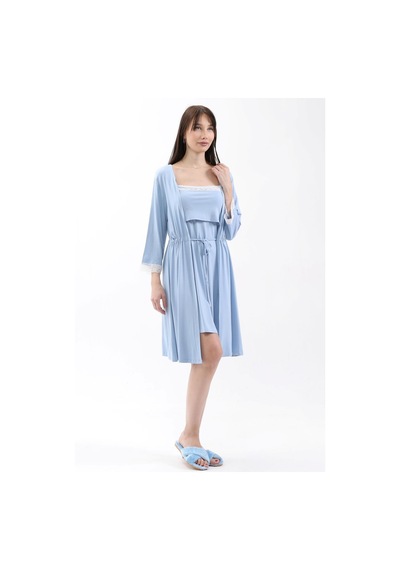 Luvmabelly Myra9651 Sabahlıklı Önden Bölmeli Dantelli Emzirme Geceliği -mavi-mavi